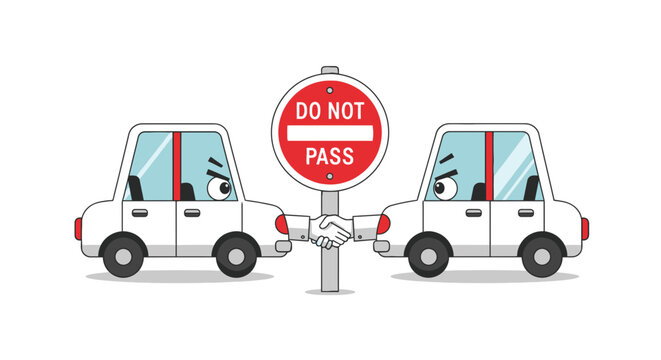 Cartoon cars with angry faces confront a "Do Not Pass" sign with a handshake