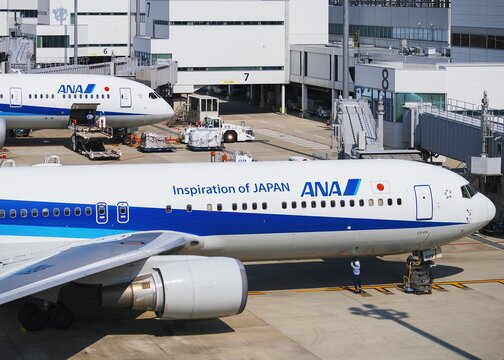 ANA all Nippon airways Aircraft at Fukuoka Airport apron Airline business : Fukuoka, Japan - Mar 12, 2026 