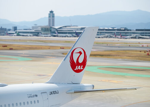  JAL Japan airline Aircraft at Fukuoka Airport apron Airline business : Fukuoka, Japan - Mar 12, 2026 
