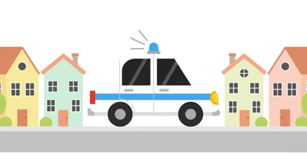 Flat illustration of a police car with a flashing light driving by colorful houses © print