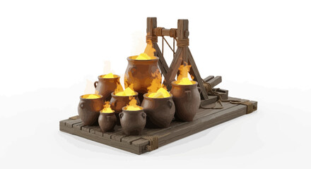 A cartoonish depiction of several pots filled with glowing gold, resting on a wooden platform © print