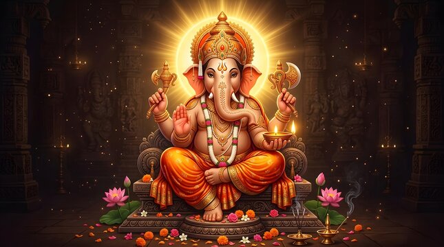 Hindu God Ganesha Seated in a Spiritual and Ornate Temple Setting