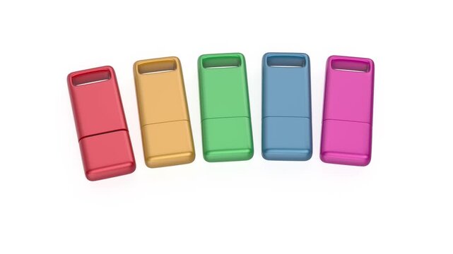 Five colorful USB flash drives on white background