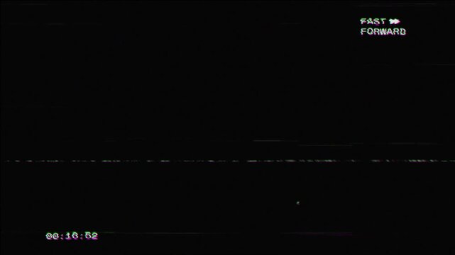Fast forward VHS overlay with glitch noise and retro tape motion 4K video resolution on black background. 