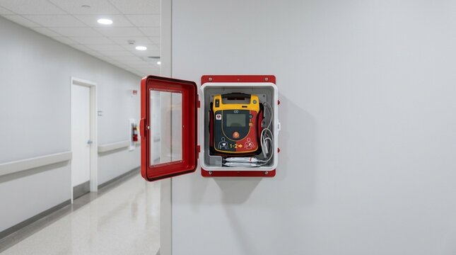 Automated External Defibrillator AED Box Open on Wall Mount in Clean Corridor Light No Face No Logo No Text