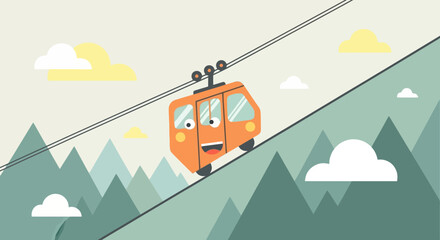 Cartoon illustration of an orange cable car with a face ascending a slope with mountains and clouds © muh