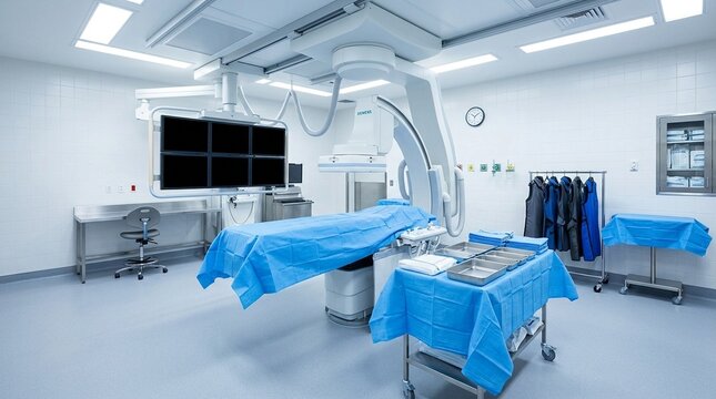 Cardiac Catheterization Lab Empty with Fluoroscopy C-Arm and Sterile Procedure Table in Bright Light No Face No Logo No Text