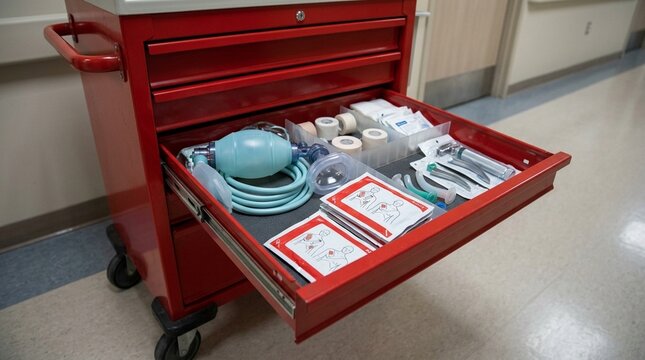 Emergency Crash Cart Drawer Open Showing Defibrillation Gel Pads and Ambu Bag No Face No Logo No Text