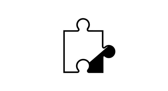 Silhouette of a puzzle piece, with black and white portions, centered on a white background