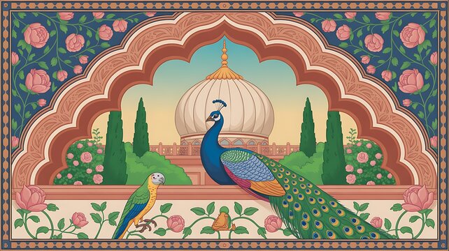 Illustration of a mughal garden with peacocks, parrots, plants, and trees, featuring a botanical landscape pattern. Mughal Garden. Illustration