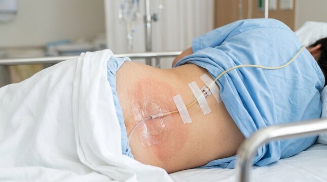 Epidural Catheter Tape on Bare Spine Area After Spinal Anaesthesia Procedure No Face No Logo No Text