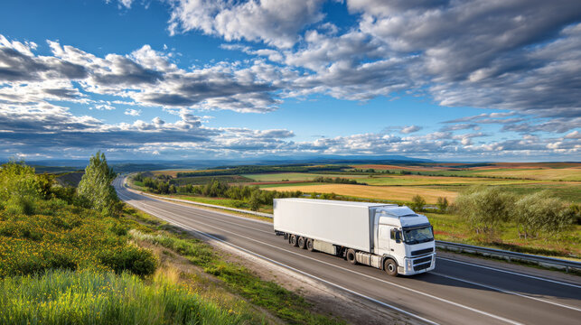 Long haul cargo truck driving on open highway under blue sky with clouds, countryside landscape