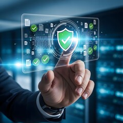 Fototapeta premium Secure digital interface with protective shield symbol on a holographic display