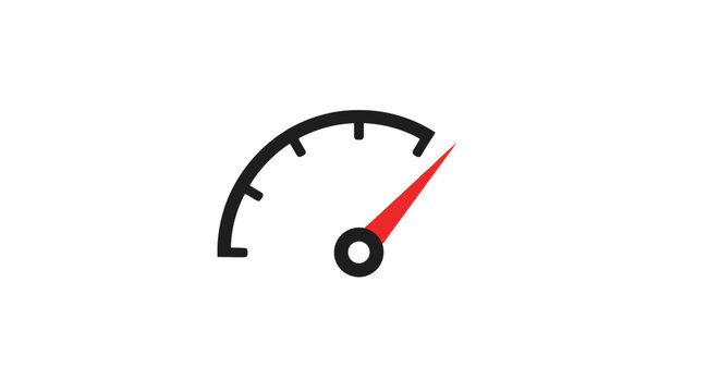 Minimalist speedometer icon on white, with black arc, red needle, and black central circle