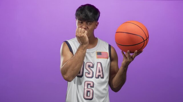 Man in usa basketball jersey biting fingernails while holding basketball in studio; anxiety focus uncertainty.