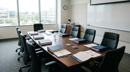 Fototapeta premium Hospital Peer Review Meeting Room with Anonymized Case Notes and Chairs in Clean Boardroom Light No Face No Logo No Text