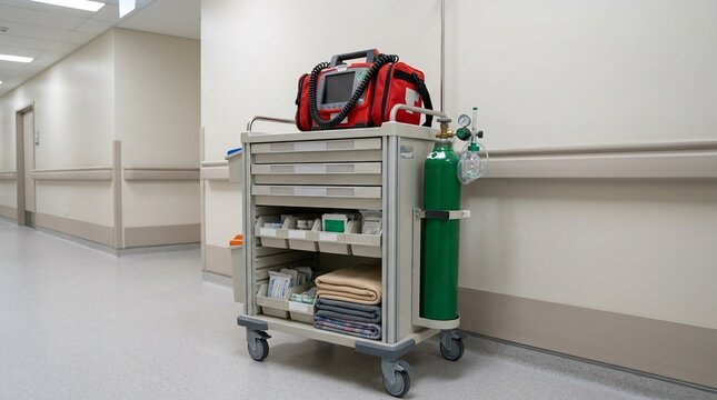 Hospital Rapid Response Team Equipment Trolley Ready in Corridor with Oxygen and Defib in Place No Face No Logo No Text