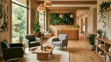 Fototapeta premium Modern Mental Health Clinic Interior with Plants Natural Materials and Warm Calming Ambient Light No Face No Logo No Text