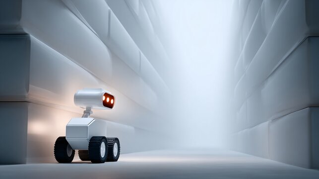 Inside a massive data center (powered by NVDA Blackwell), a small maintenance robot moving between glowing server racks, hazy atmospheric lighting