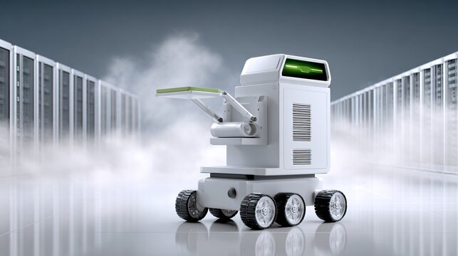 Inside a massive data center (powered by NVDA Blackwell), a small maintenance robot moving between glowing server racks, hazy atmospheric lighting