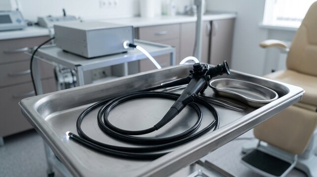 Flexible Nasopharyngoscope Scope in ENT Clinic Tray with Light Source Connected No Face No Logo No Text