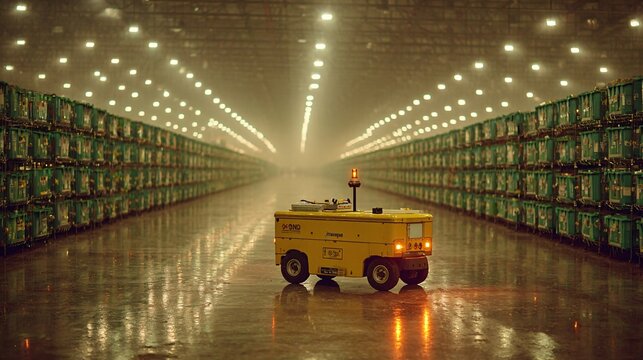 Inside a massive data center (powered by NVDA Blackwell), a small maintenance robot moving between glowing server racks, hazy atmospheric lighting