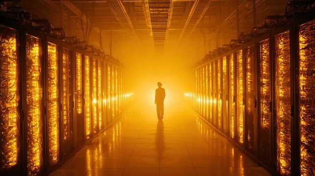 Inside a massive data center (powered by NVDA Blackwell), a small maintenance robot moving between glowing server racks, hazy atmospheric lighting