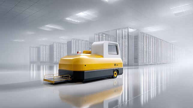 Inside a massive data center (powered by NVDA Blackwell), a small maintenance robot moving between glowing server racks, hazy atmospheric lighting