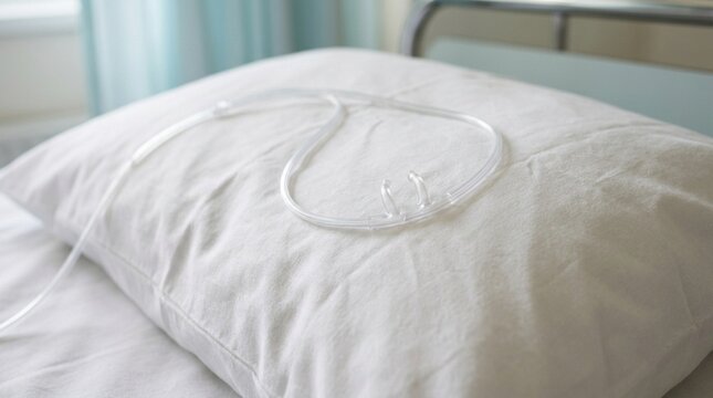 Nasal Cannula Oxygen Prongs on White Hospital Pillow in Soft Clinical Light No Face No Logo No Text