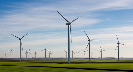 Fototapeta premium Modern Wind Turbines in Vast Green Landscape Under Clear Sky. A modern wind turbines generating renewable energy in a vast green landscape under a clear blue sky.