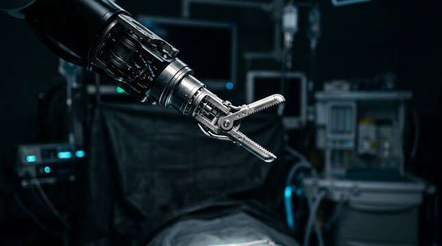 Robotic Surgery Grasper Instrument Tip on Dark Background High Tech Surgical Concept No Face No Logo No Text