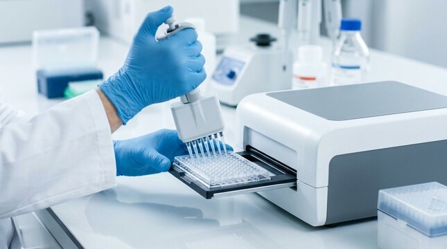 Medical Research Scientist Hands Pipetting into Microplate Reader in Clean White Lab No Face No Logo No Text