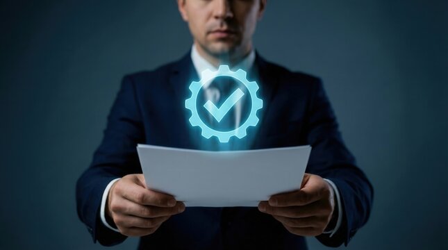 Quality assurance and standards certification concept, businessman holding document with glowing gear checkmark. Business process excellence, compliance and verification for success.