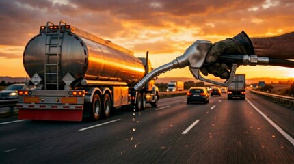 Fototapeta premium Fuel Nozzle Leaking with Tanker Truck Driving on Highway at Sunset