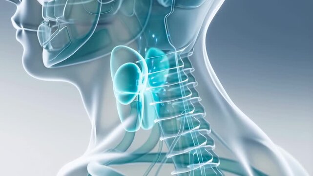 Anatomical animation of the human neck and throat area, showcasing the trachea and surrounding structures. Essential for medical education and health awareness