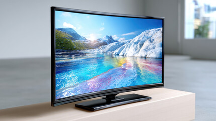 Fototapeta premium Curved television display on stand showing vibrant landscape scene for curved tv mockup and product showcase banner design