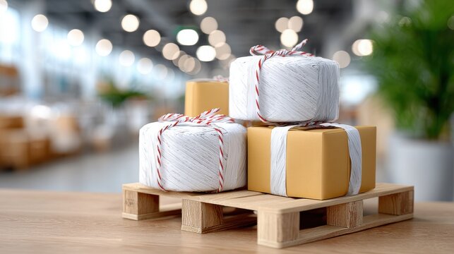 Small wooden pallet with wrapped parcels and twine spools on a table in a bright warehouse with bokeh lights for packaging and craft background use