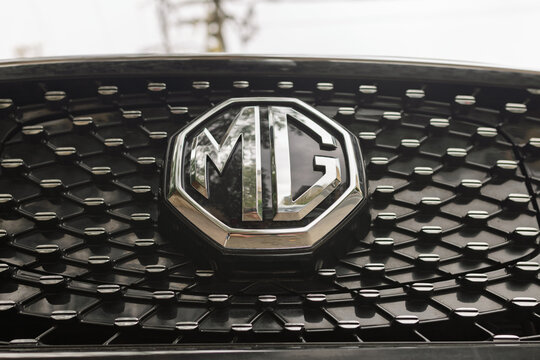 MG car front grille emblem close up detail. 23 Feb 2026. Givatayim, Israel