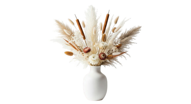 A white vase with dried flowers and grasses