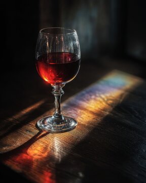 A single glass of red wine on a dark wooden table in a thin beam of daylight