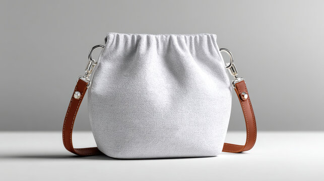 Blank white pouch handbag mockup with leather straps and metal hardware on neutral background for packaging and product design presentation