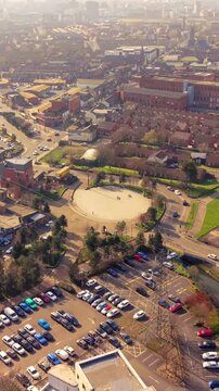 Wide 60FPS vertical social ratio aerial video of C.S. Lewis Square on the Newtownards Road in East Belfast, Northern Ireland. Produced in 1080x1920 with Rec709 color.