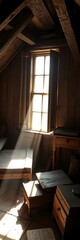 Fototapeta premium Sunlight streams through dusty attic window onto weathered wooden objects, texture, forgotten