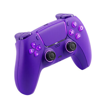 A purple video game controller with glowing purple buttons isolated on transparent background