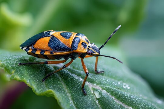 Natural garden macro shot featuring a harlequin bug on a crucifer plant
