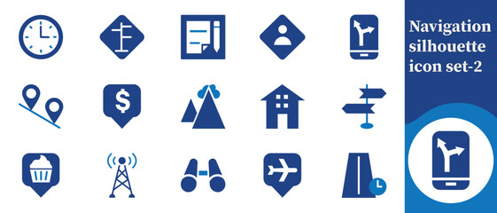 Fototapeta premium A collection of blue navigation and informational icons including clocks locations and communication symbols high quality professional detailed modern elegant stylish