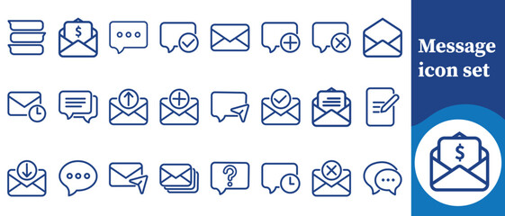 A collection of blue line icons representing various communication methods including messages emails and notifications high quality professional detailed modern elegant