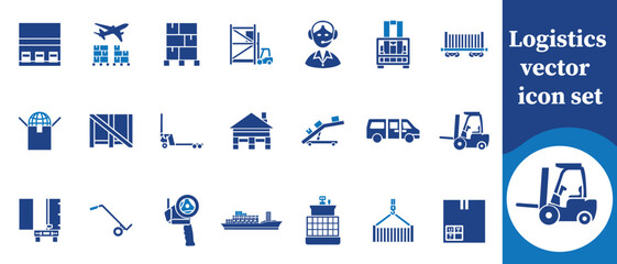 A collection of blue logistics vector icons depicting various elements of supply chain management and transportation high quality professional detailed modern