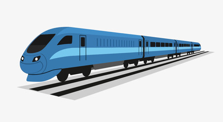 Fototapeta premium A blue high-speed train travels on black and white tracks. Perspective view, simple style