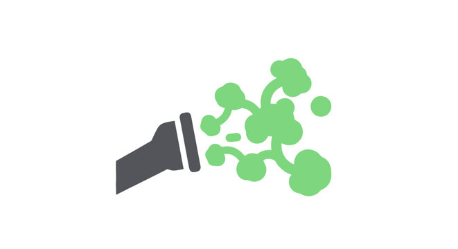 An icon of a grey pipe expelling green clustered shapes, all on a white background